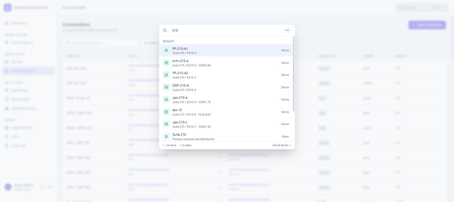 The jump-to palette open over the app, listing matching devices and rooms with
                    the site and rack each one belongs to.